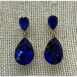 Small Crystal Rhinestone Teardrop Bridal Wedding Post Pierced Blue Prom Earrings